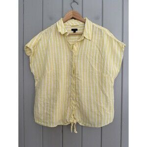 Talbots Top XL Petite XLP Yellow White Stripe Tie Hem Button Front Short Sleeves